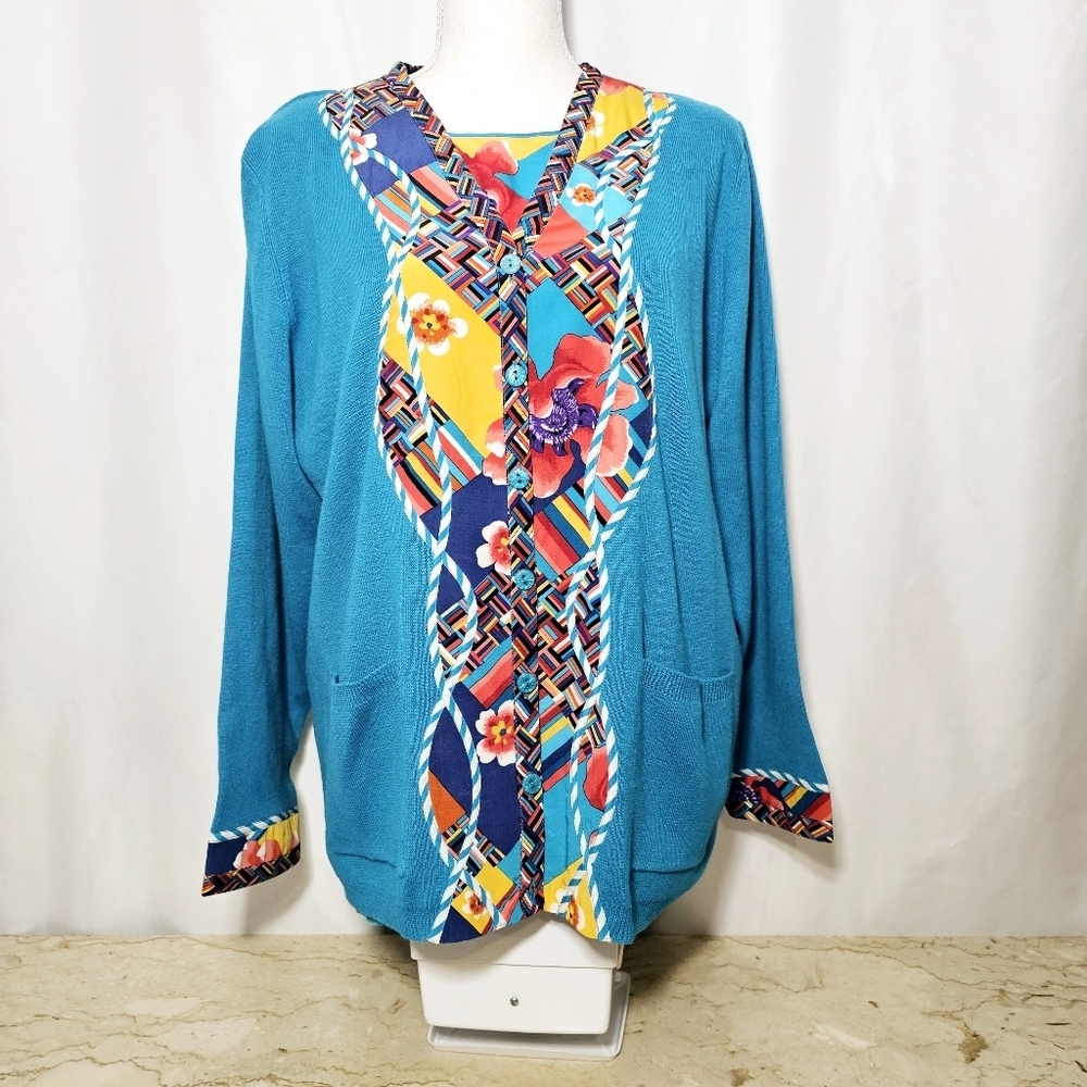 Vintage Koos of Course! 2-Piece Womens Turquoise Cardigan & Silk Shell Top L